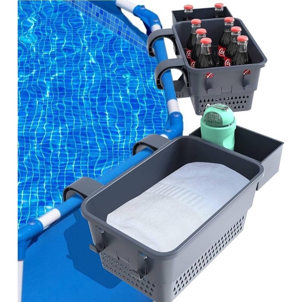 2 Poolside Storage Baskets with Cup Holders for Frame Pools Gray